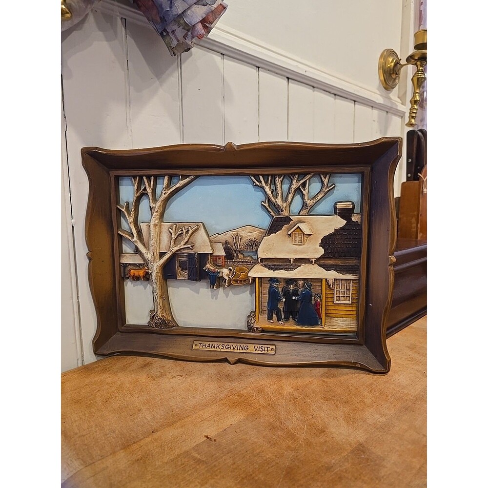 Vintage 1960s Syroco Wall Plaque Thanksgiving Visit 3D Farmhouse Cottagecore 14"